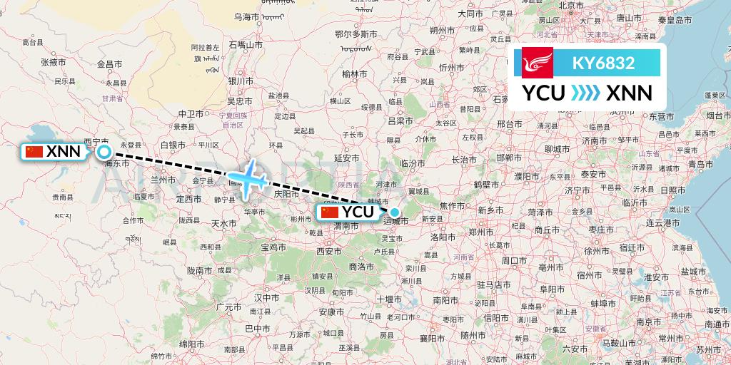 KY6832 Kunming Airlines Flight Map: Yuncheng to Xining