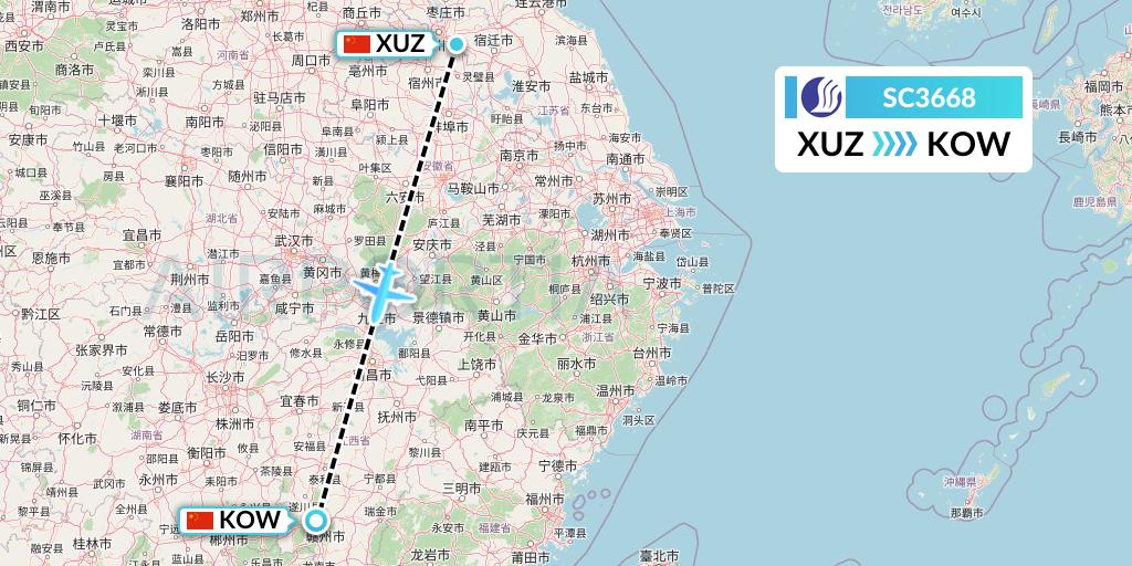SC3668 Shandong Airlines Flight Map: Xuzhou to Ganzhou