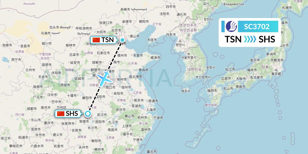 SC3702 Shandong Airlines Flight Map: Tianjin to Shashi