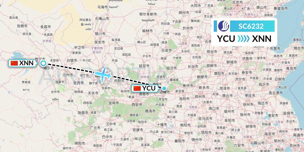SC6232 Shandong Airlines Flight Map: Yuncheng to Xining