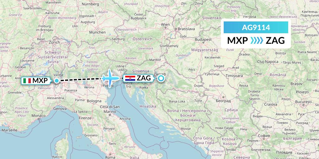 AG9114 Aruba Airlines Flight Map: Milan to Zagreb