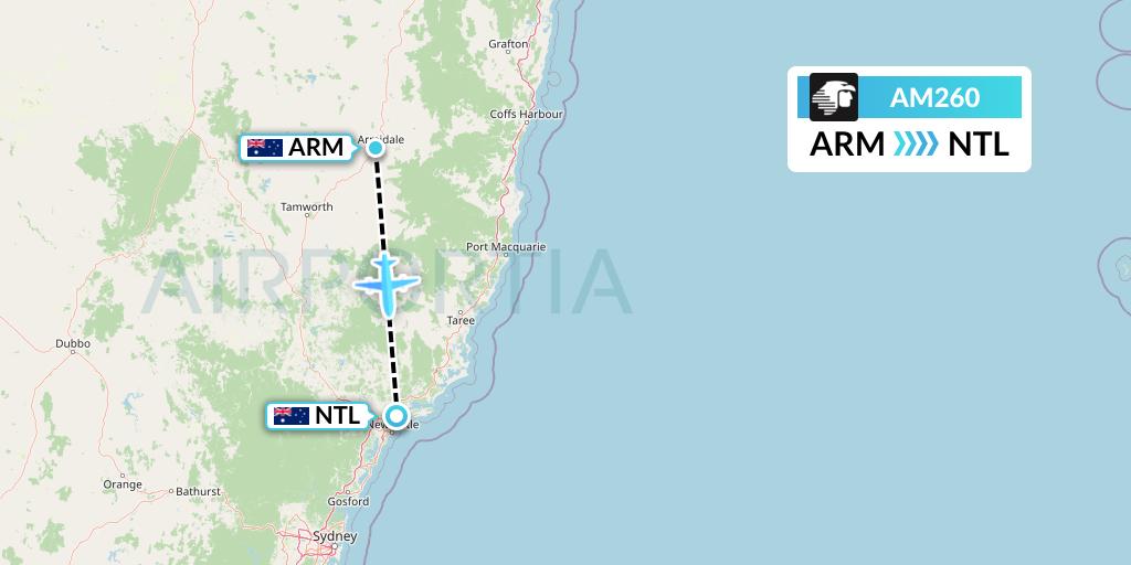 AM260 Aeromexico Flight Map: Armidale to Newcastle