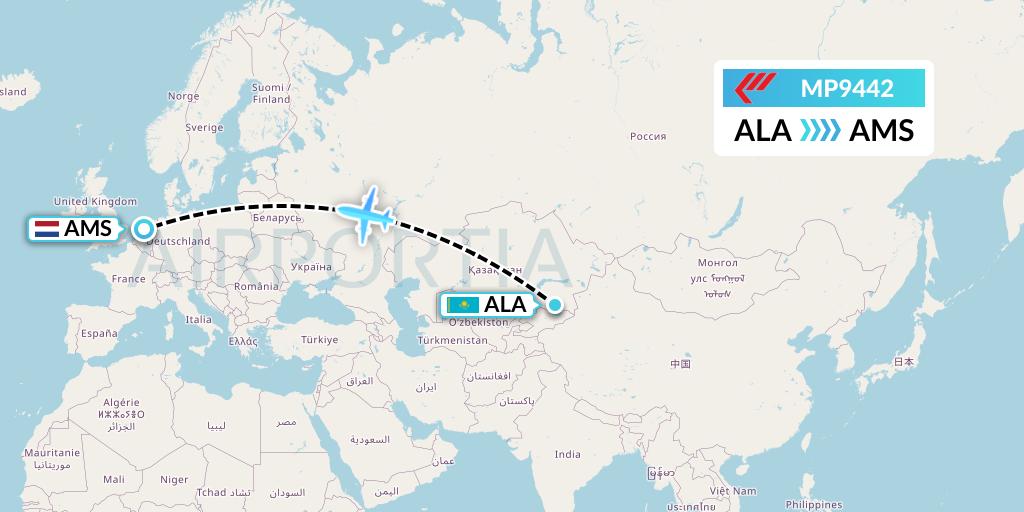 MP9442 Martinair Holland Flight Map: Almaty to Amsterdam