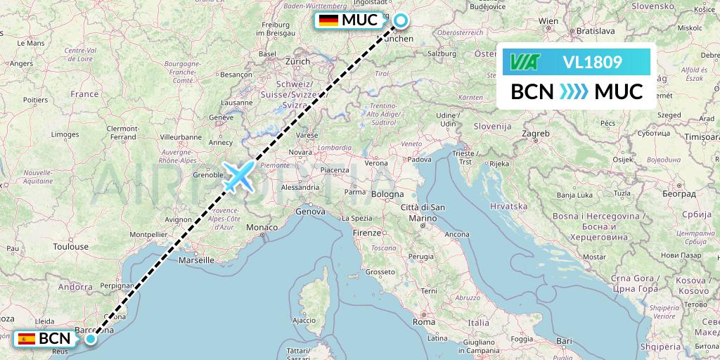 VL1809 Air Via Flight Map: Barcelona to Munich