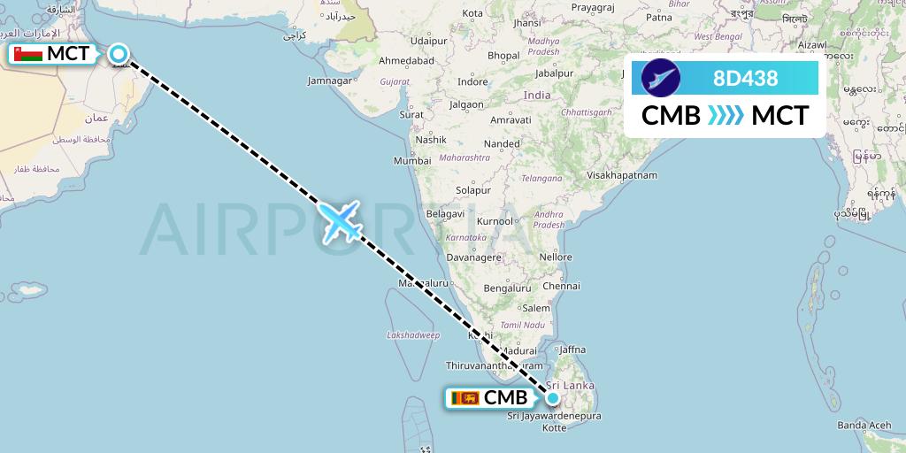 8D438 FitsAir Flight Map: Colombo to Muscat