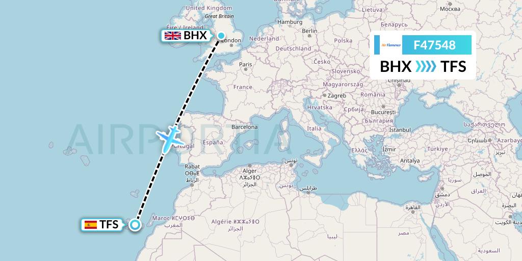 F47548 Air Flamenco Flight Map: Birmingham to Tenerife
