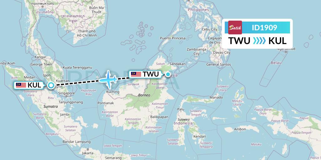 ID1909 Batik Air Flight Map: Tawau to Kuala Lumpur