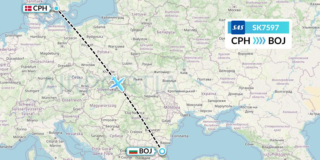 SK7597 SAS Flight Map: Copenhagen to Burgas