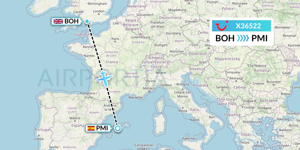 X36522 TUI fly Germany Flight Map: Bournemouth to Palma de Mallorca