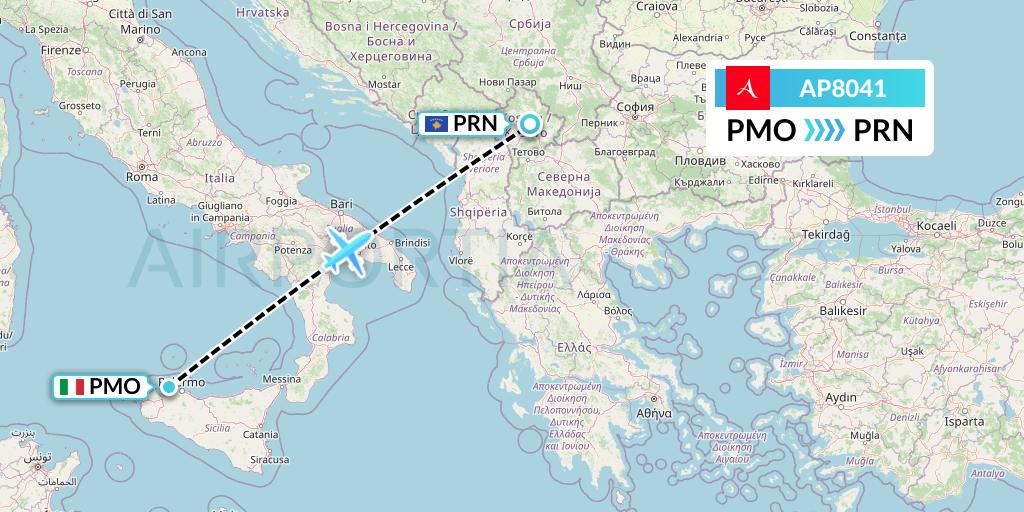 AP8041 AlbaStar Flight Map: Palermo to Pristina