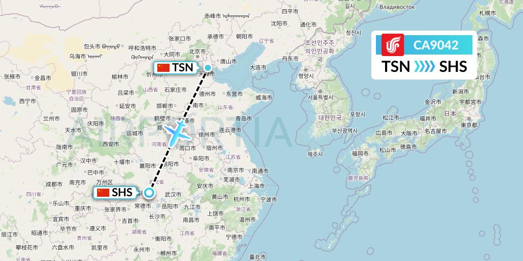 CA9042 Air China Flight Map: Tianjin to Shashi