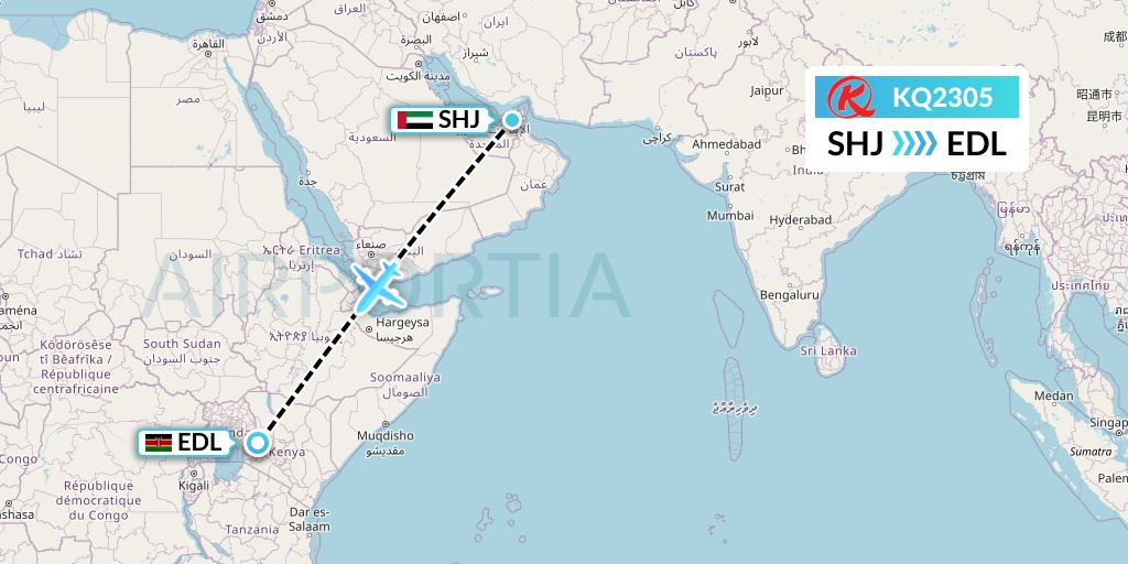 KQ2305 Kenya Airways Flight Map: Sharjah to Eldoret