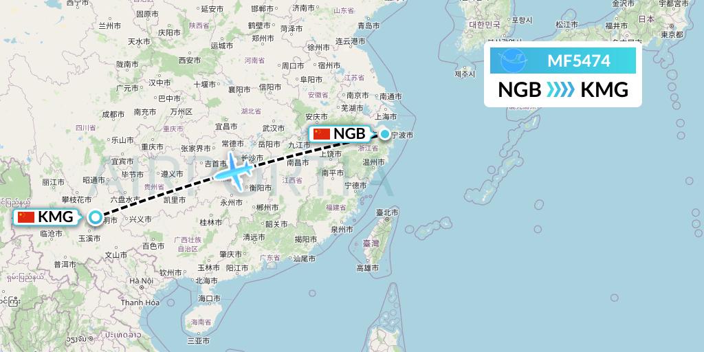 MF5474 Xiamen Airlines Flight Map: Ningbo to Kunming