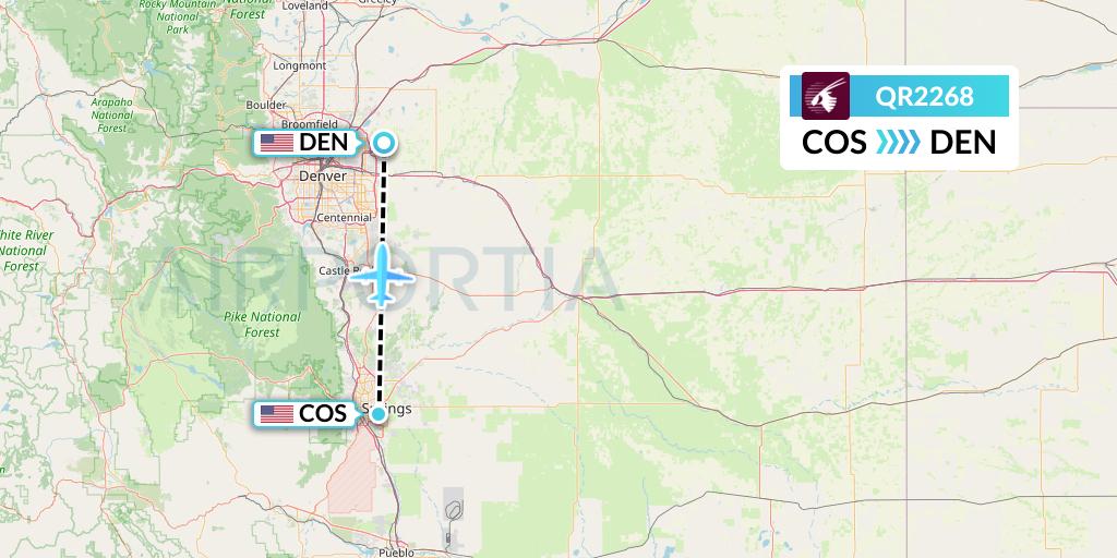 QR2268 Qatar Airways Flight Map: Colorado Springs to Denver