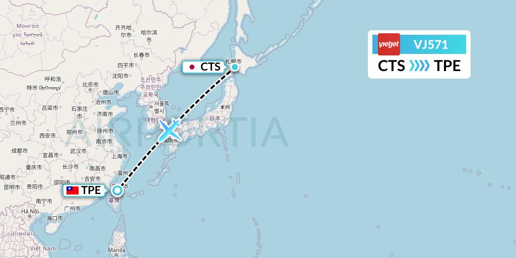 VJ571 VietJet Air Flight Map: Sapporo to Taipei