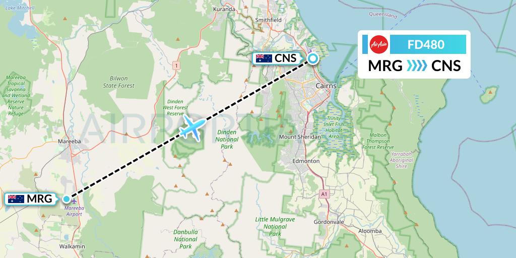 FD480 Thai AirAsia Flight Map: Mareeba to Cairns