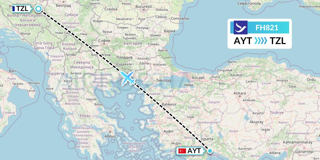 FH821 Freebird Airlines Flight Map: Antalya to Tuzla