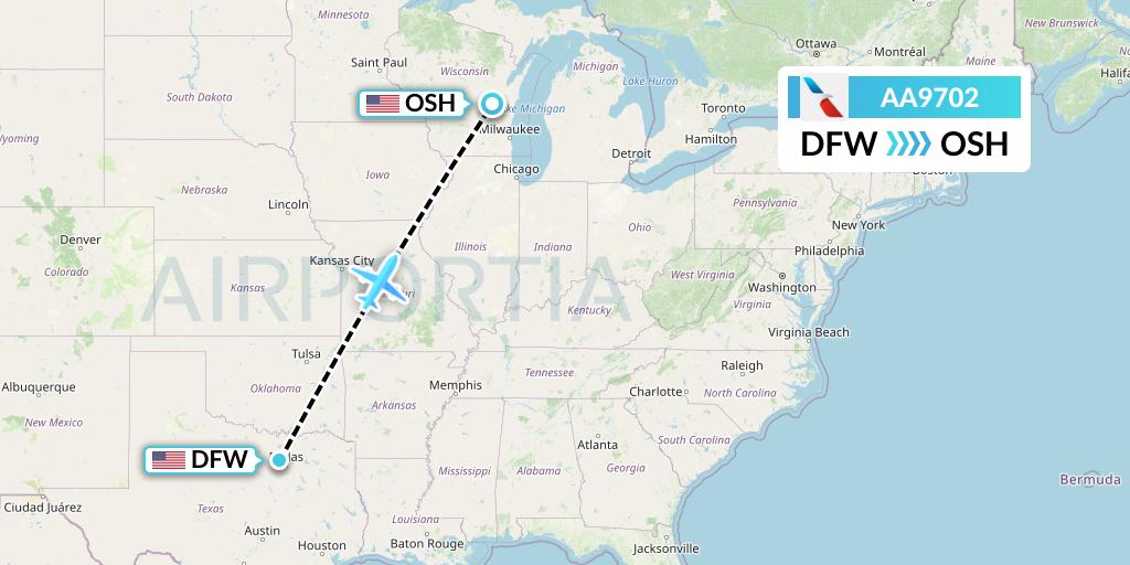 AA9702 American Airlines Flight Map: Dallas to Oshkosh