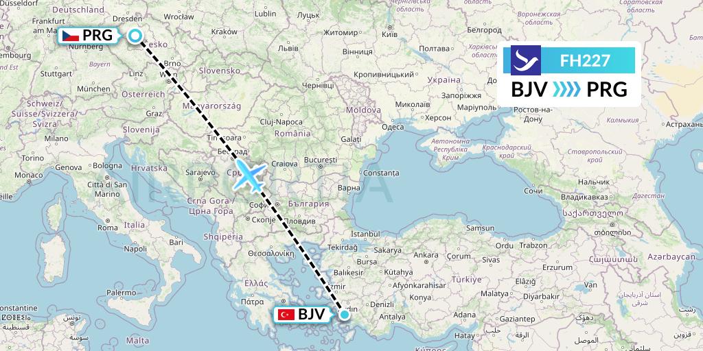 FH227 Freebird Airlines Flight Map: Bodrum to Prague