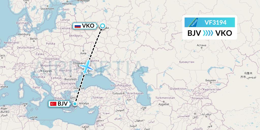 VF3194 ValuAir Flight Map: Bodrum to Moscow