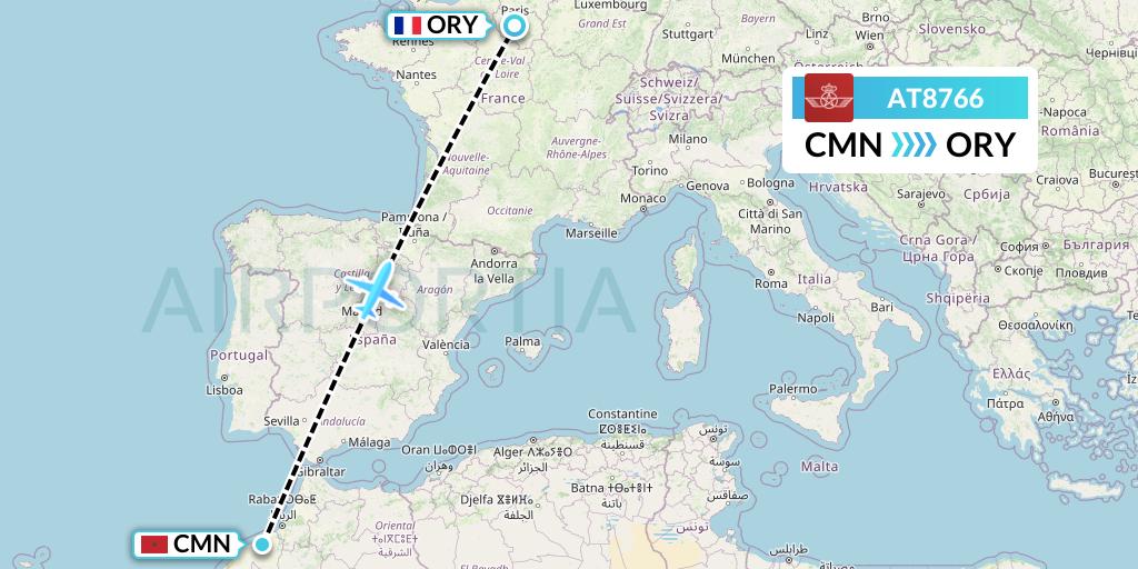 AT8766 Royal Air Maroc Flight Map: Casablanca to Paris