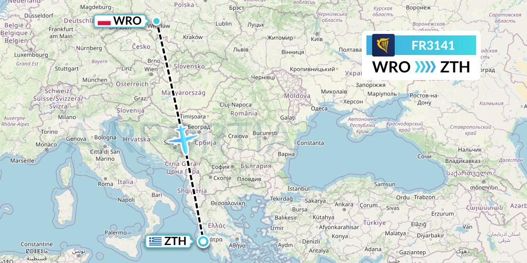 FR3141 Ryanair Flight Map: Wroclaw to Zakynthos