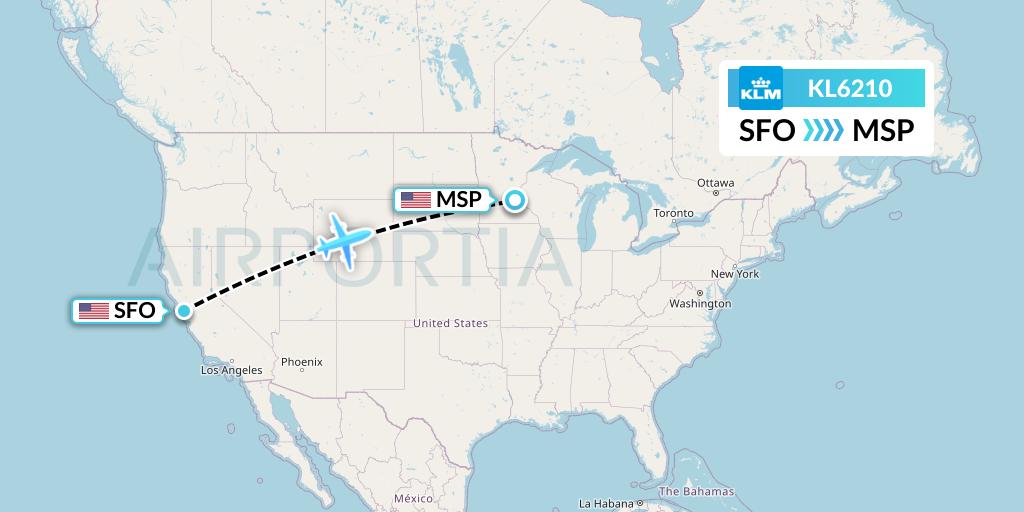 KL6210 KLM Flight Map: San Francisco to Minneapolis