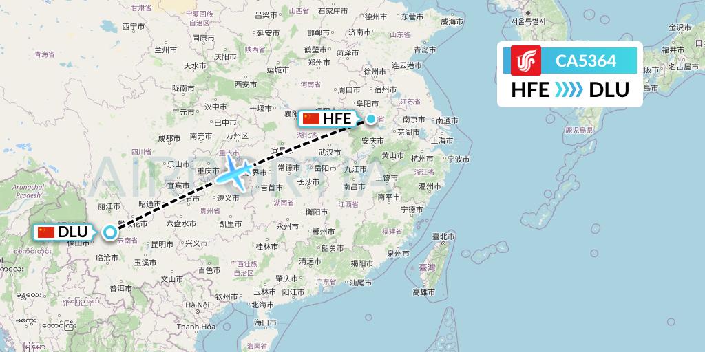 CA5364 Air China Flight Map: Hefei to Dali