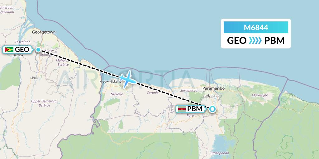 M6844 Amerijet International Flight Map: Georgetown to Paramaribo