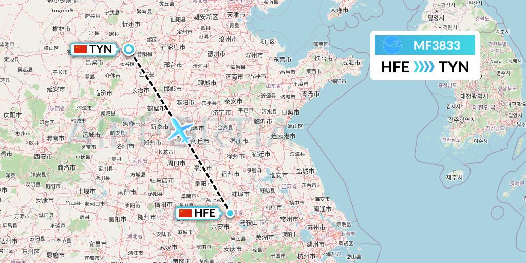 MF3833 Xiamen Airlines Flight Map: Hefei to Taiyuan