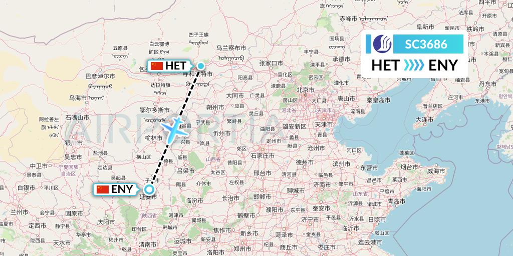 SC3686 Shandong Airlines Flight Map: Hohhot to Yan'an