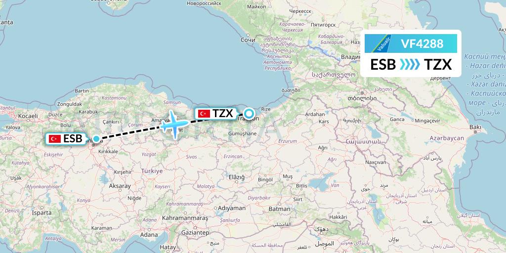 VF4288 ValuAir Flight Map: Ankara to Trabzon