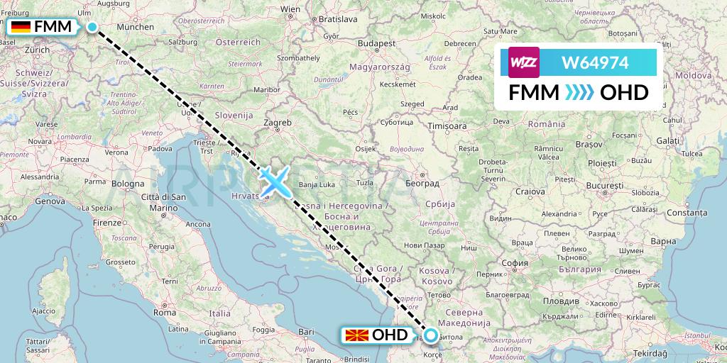 W64974 Wizz Air Flight Map: Memmingen to Ohrid