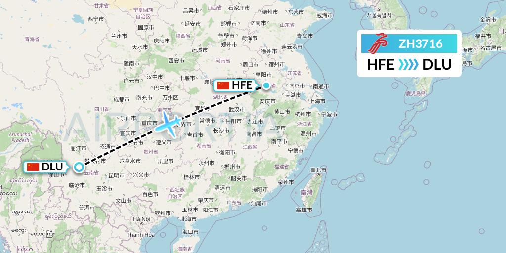 ZH3716 Shenzhen Airlines Flight Map: Hefei to Dali