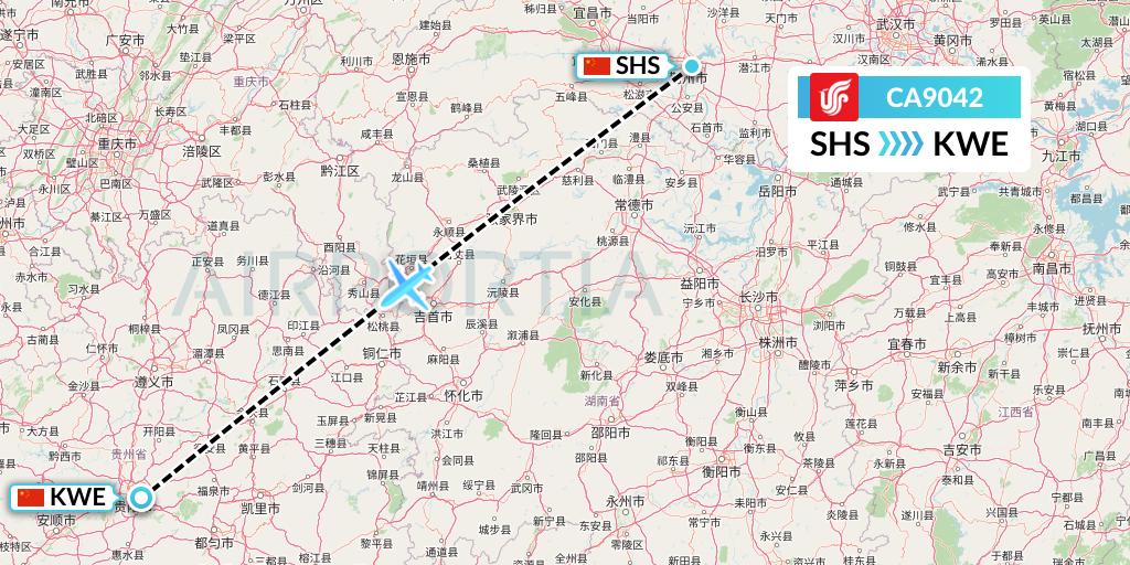 CA9042 Air China Flight Map: Shashi to Guiyang