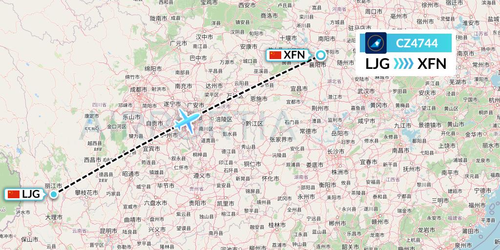 CZ4744 China Southern Airlines Flight Map: Lijiang to Xiangyang