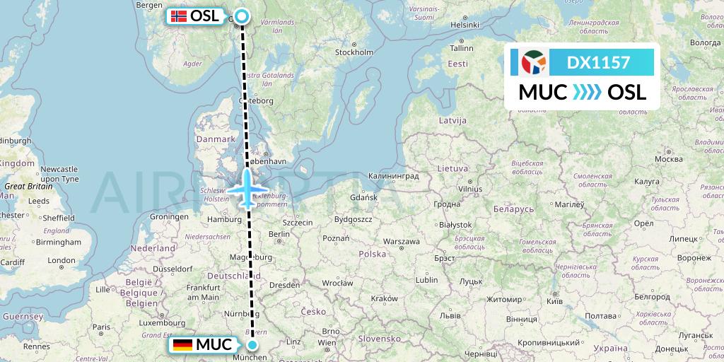 DX1157 Danish Air Transport Flight Map: Munich to Oslo