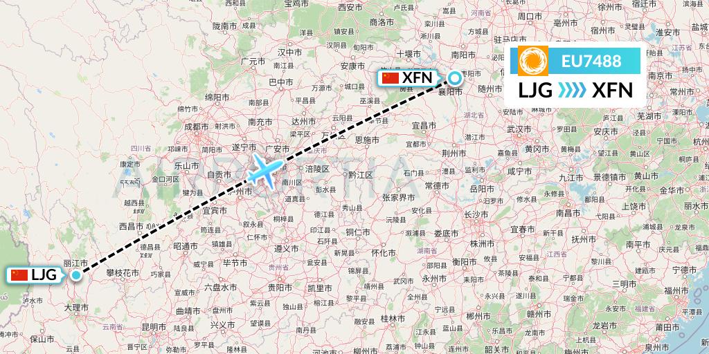 EU7488 Chengdu Airlines Flight Map: Lijiang to Xiangyang