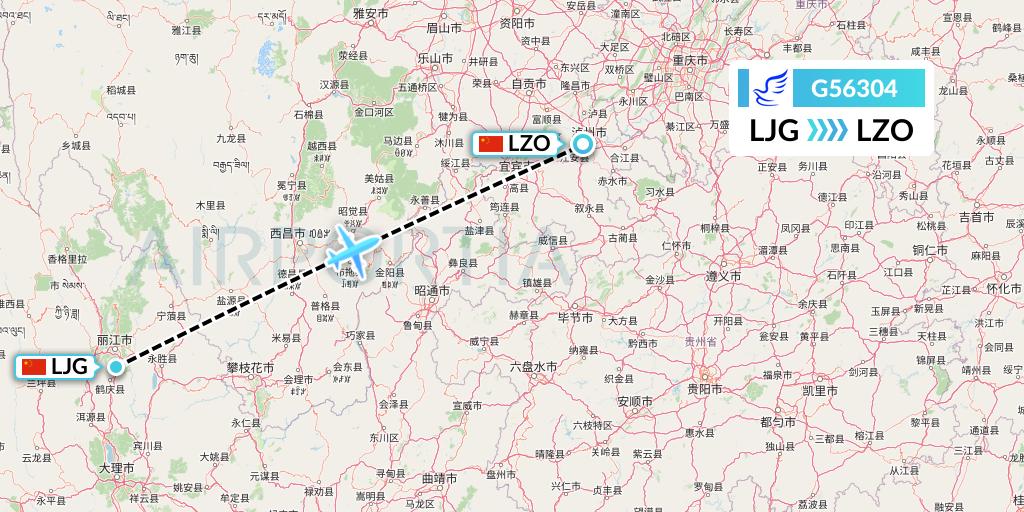 G56304 China Express Airlines Flight Map: Lijiang to Luzhou
