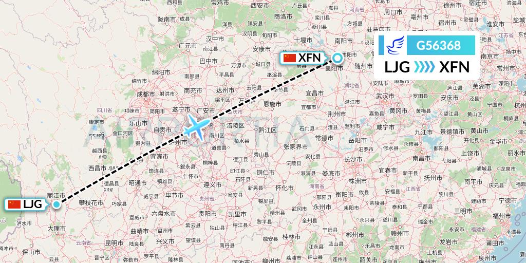 G56368 China Express Airlines Flight Map: Lijiang to Xiangyang