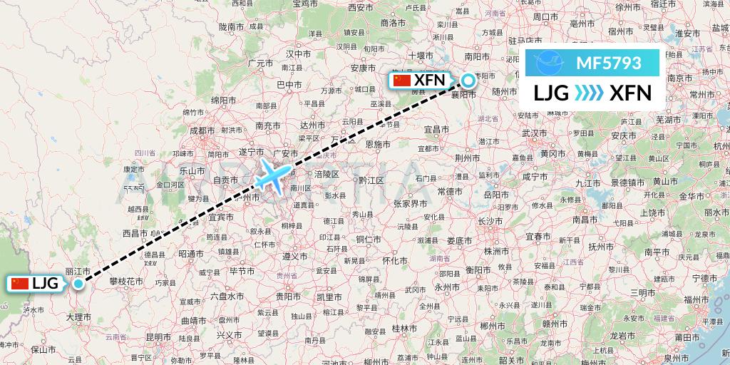 MF5793 Xiamen Airlines Flight Map: Lijiang to Xiangyang