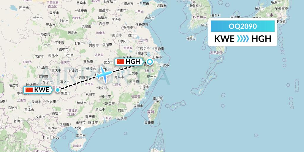 OQ2090 Chongqing Airlines Flight Map: Guiyang to Hangzhou
