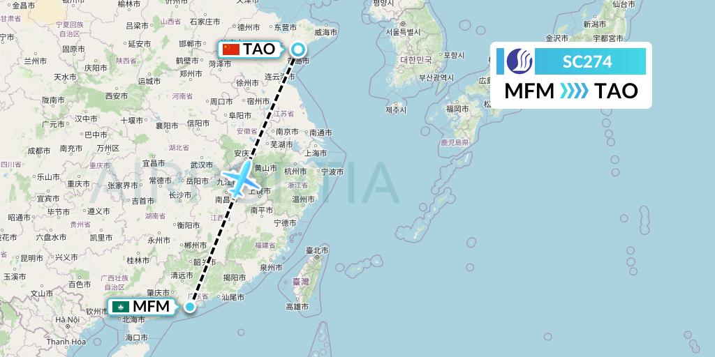 SC274 Shandong Airlines Flight Map: Macau to Qingdao