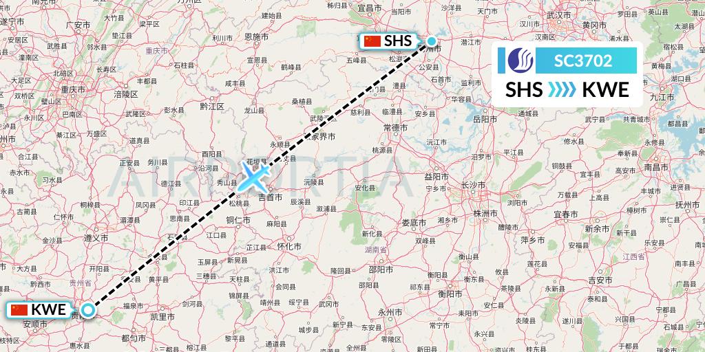 SC3702 Shandong Airlines Flight Map: Shashi to Guiyang