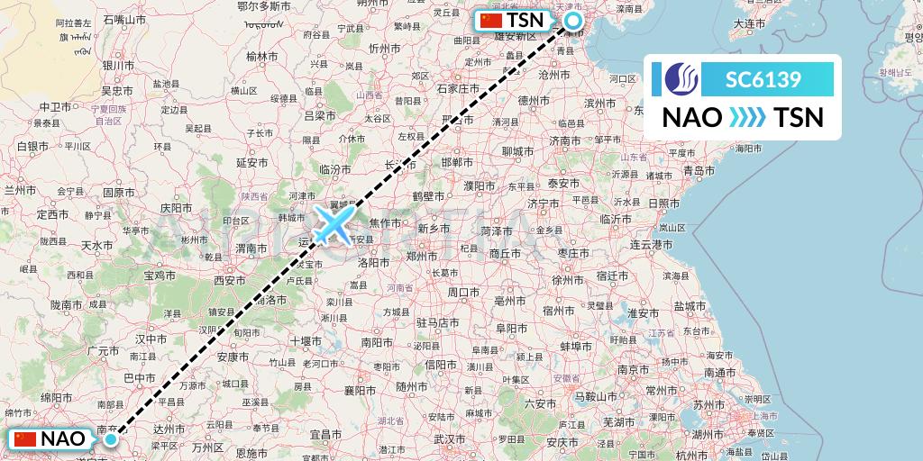 SC6139 Shandong Airlines Flight Map: Nanchong to Tianjin