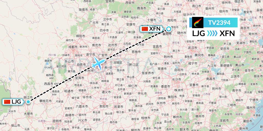 TV2394 Tibet Airlines Flight Map: Lijiang to Xiangyang