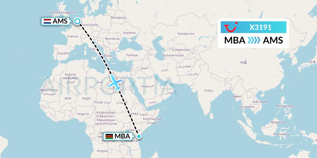 X3191 TUI fly Germany Flight Map: Mombasa to Amsterdam
