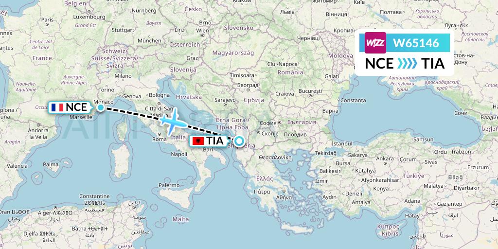 W65146 Wizz Air Flight Map: Nice to Tirana