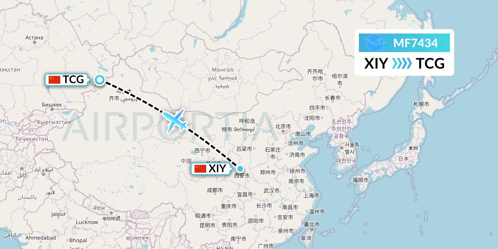 MF7434 Xiamen Airlines Flight Map: Xi'an to Tacheng