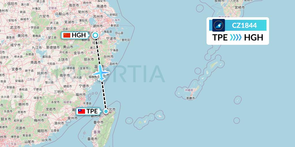 CZ1844 China Southern Airlines Flight Map: Taipei to Hangzhou